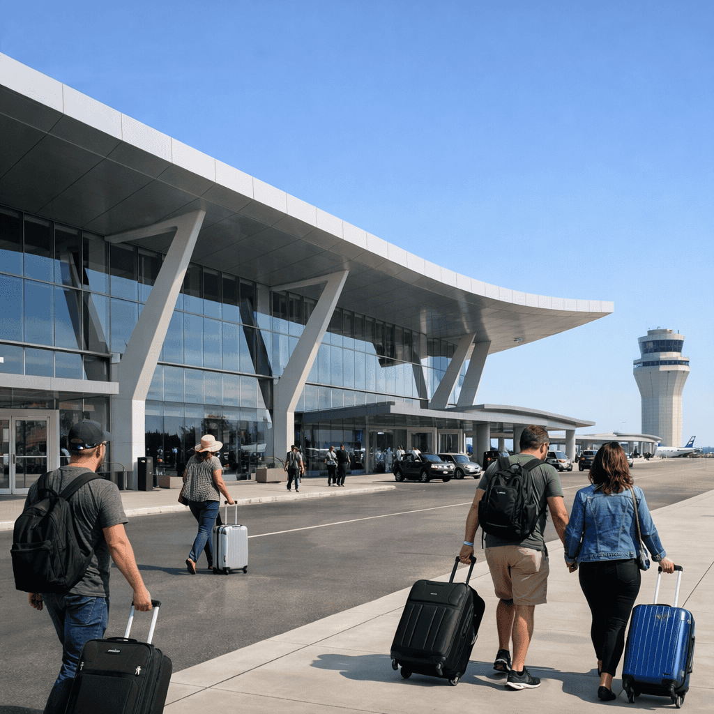 Kansas City International Airport terminal exterior with travelers and luggage at MCI