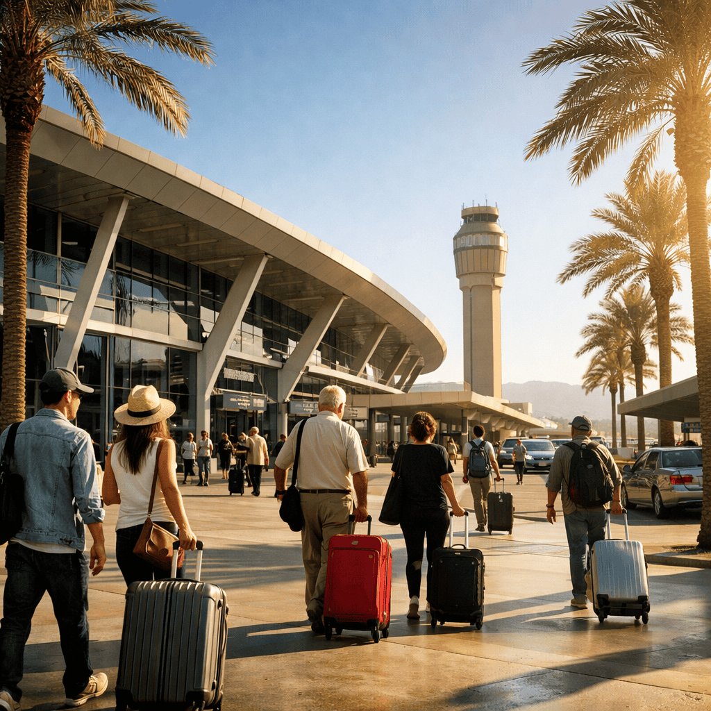 Harry Reid International Airport terminal exterior with travelers and luggage at LAS