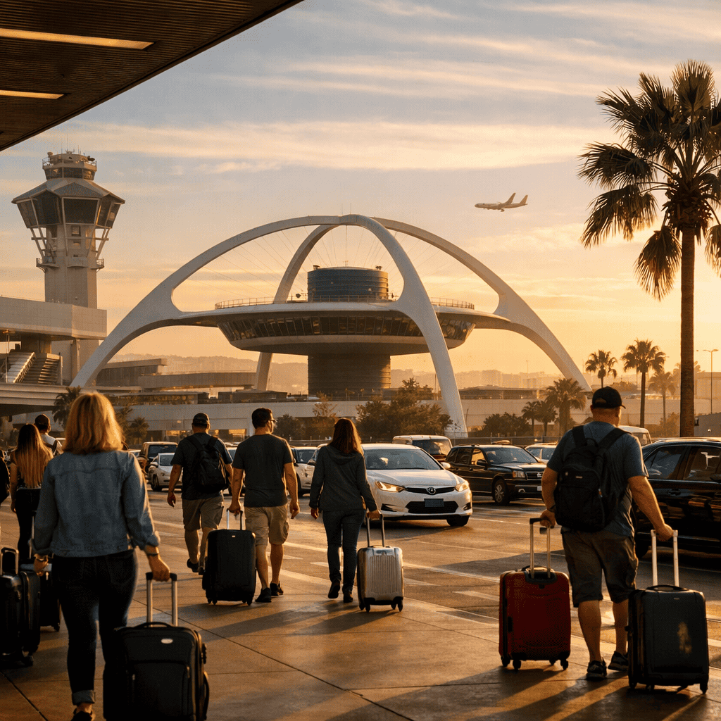 Los Angeles International Airport terminal exterior with travelers and luggage at LAX