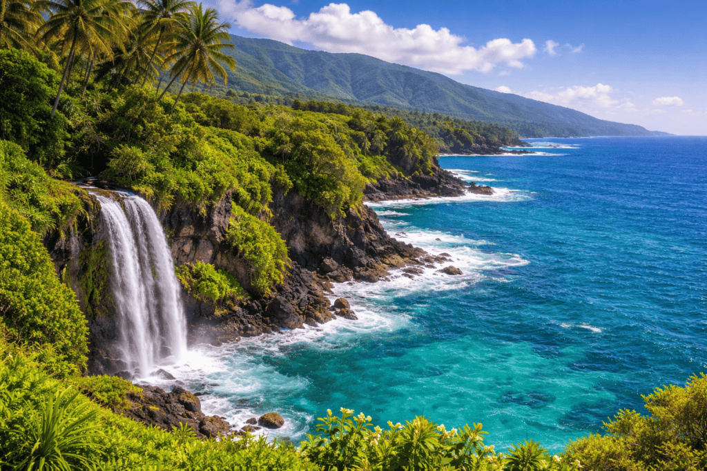 Maui Hawaii lush coastline with waterfalls and ocean views