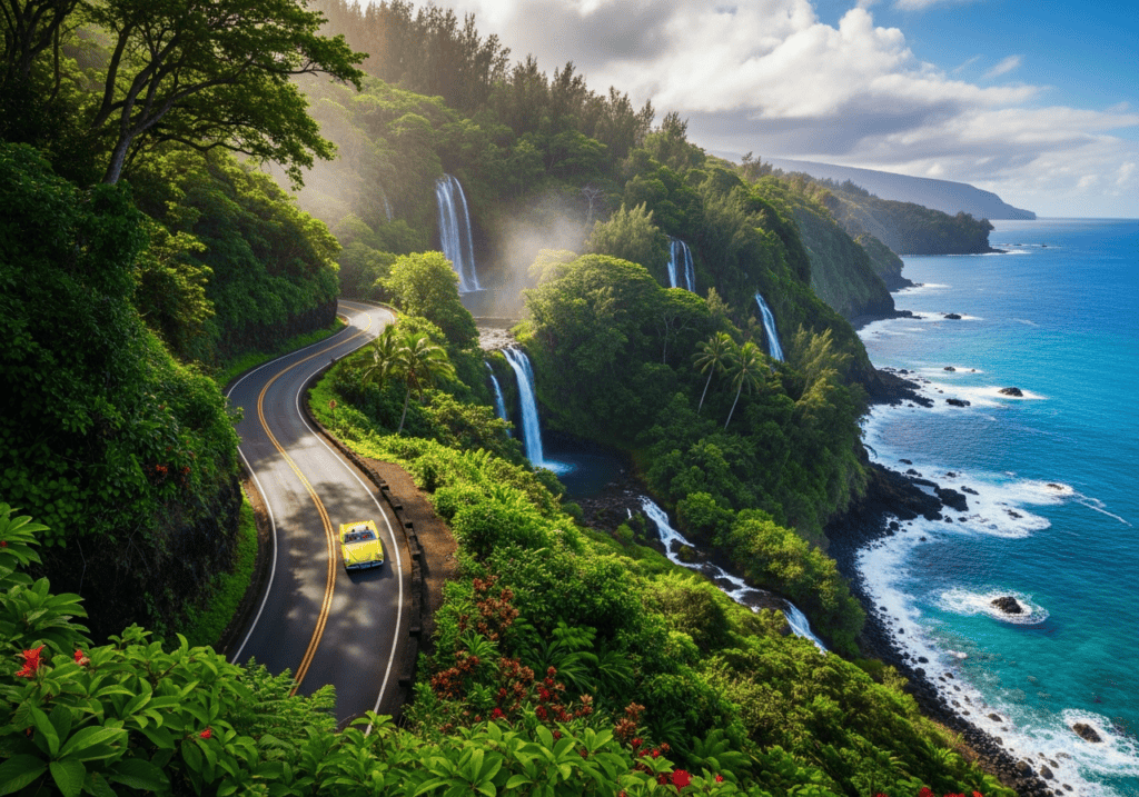 Maui Road to Hana scenic drive with waterfalls and lush tropical landscape