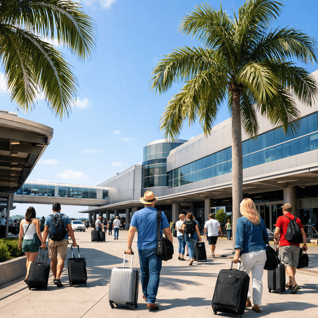 Miami International Airport terminal exterior with travelers and luggage at MIA