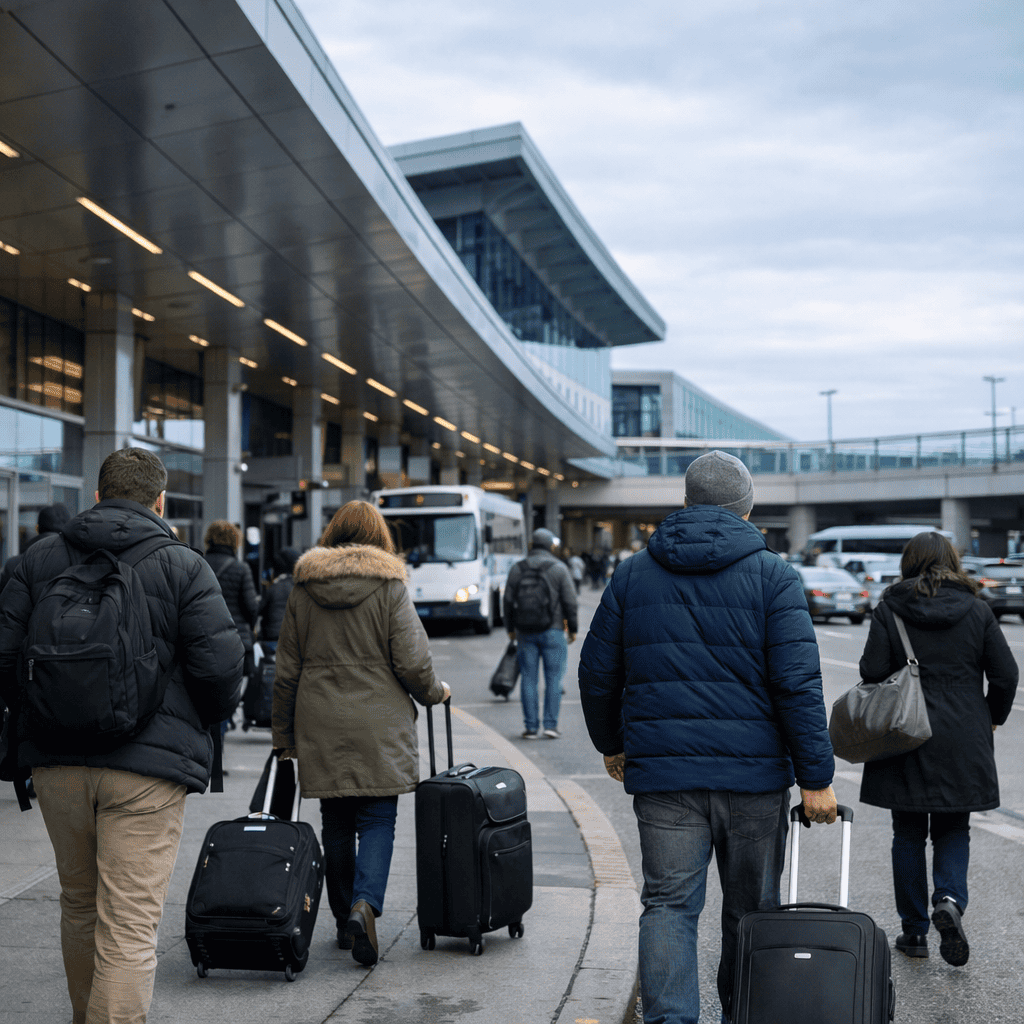 Minneapolis Saint Paul International Airport terminal exterior with travelers and luggage at MSP