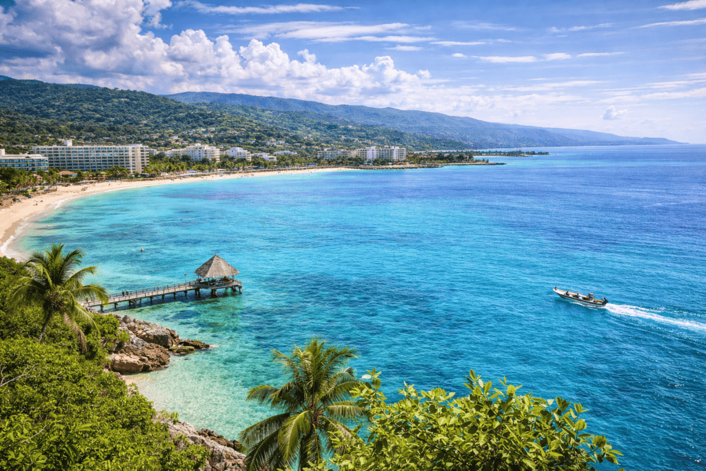 Montego Bay Jamaica calm bay with turquoise water and tropical shoreline