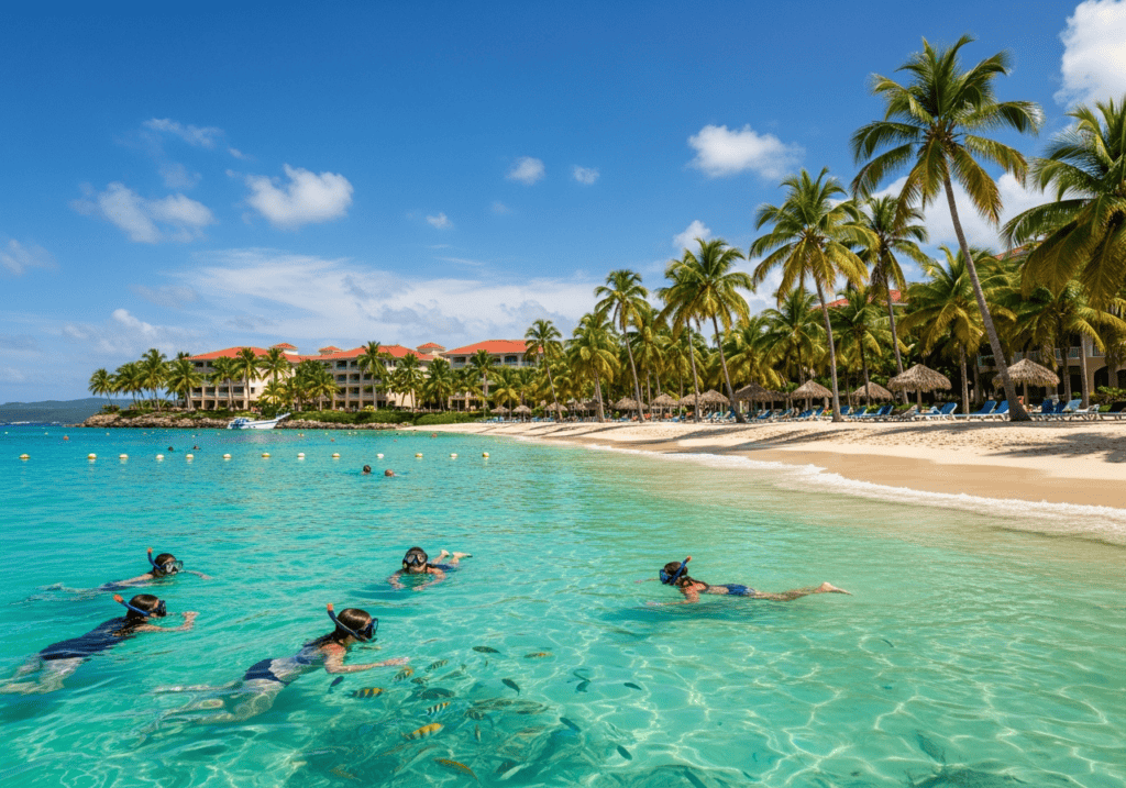 Montego Bay beach with people snorkeling in clear turquoise water