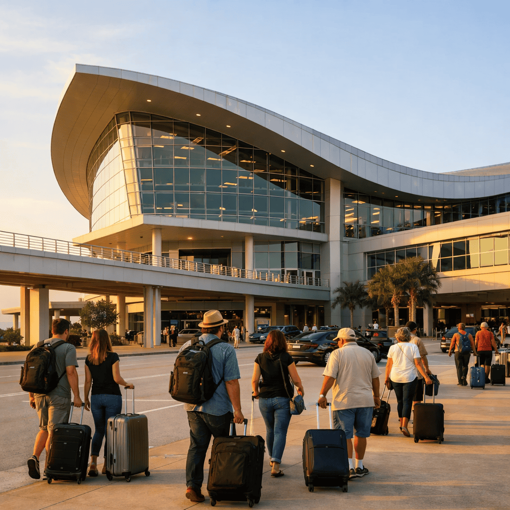 Louis Armstrong New Orleans International Airport terminal exterior with travelers and luggage at MSY