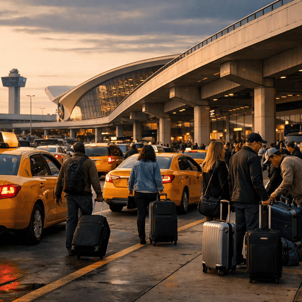 John F Kennedy International Airport terminal exterior with travelers and luggage at JFK