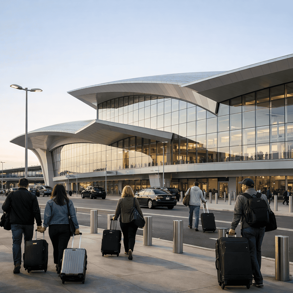 LaGuardia Airport terminal exterior with travelers and luggage at LGA