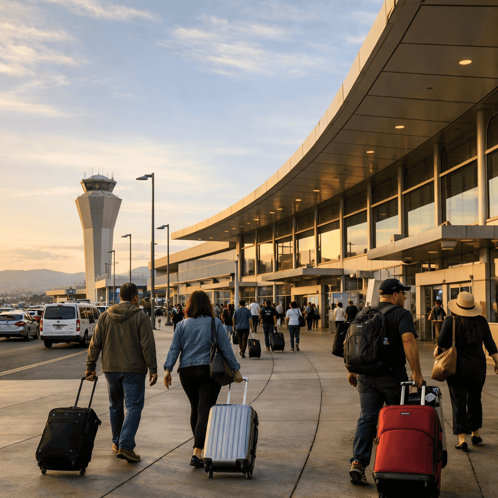 Oakland International Airport terminal exterior with travelers and luggage at OAK