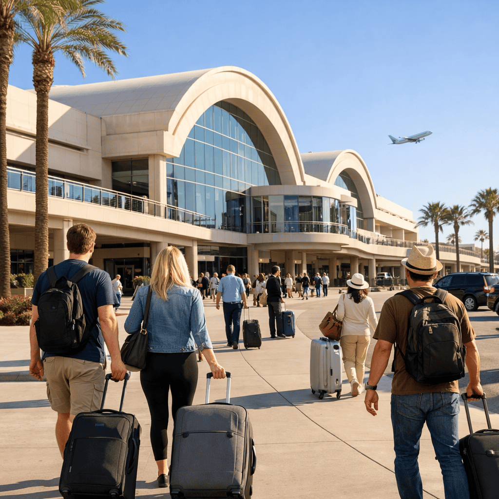 John Wayne Airport terminal exterior with travelers and luggage at SNA