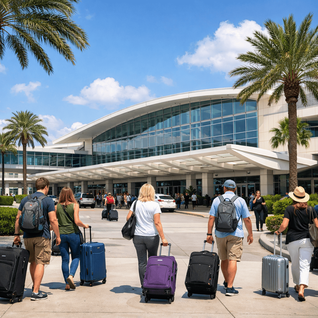 Orlando International Airport terminal exterior with travelers and luggage at MCO
