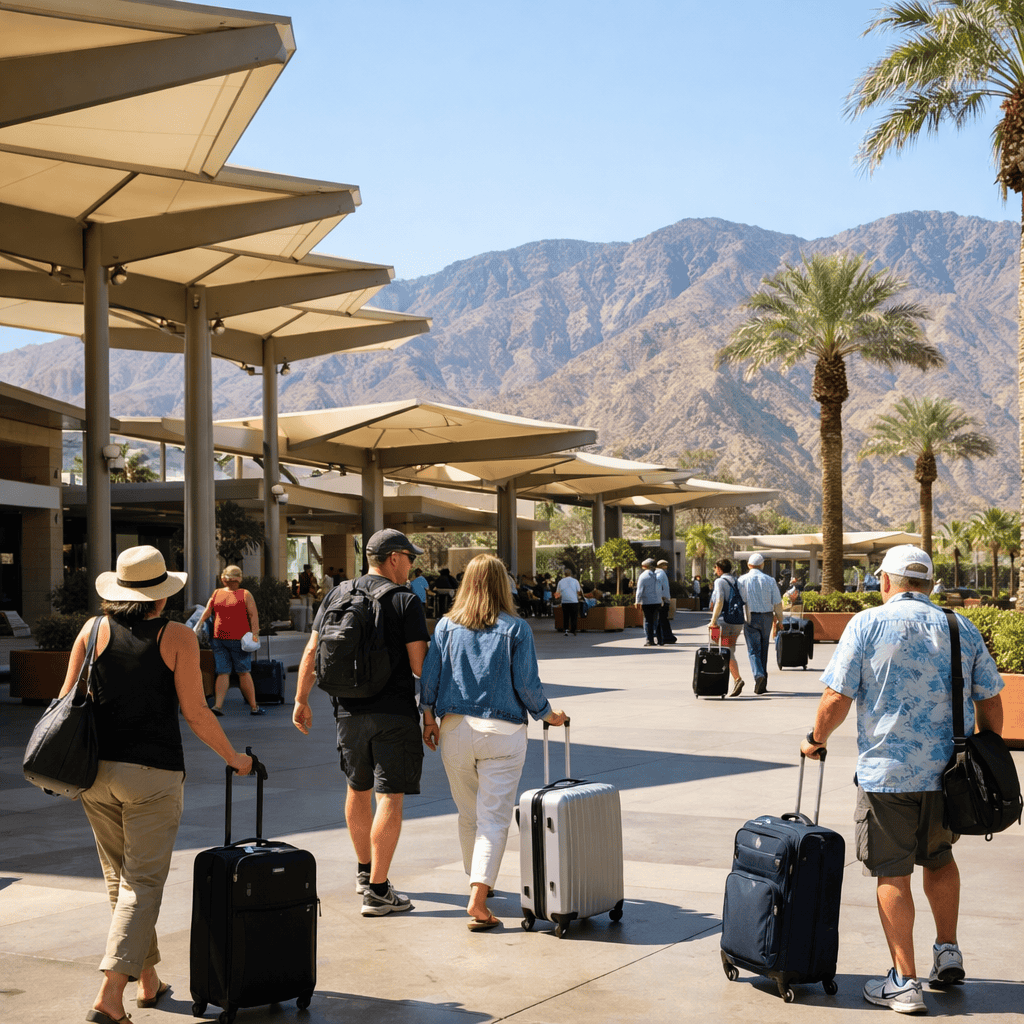Palm Springs International Airport terminal exterior with travelers and luggage at PSP
