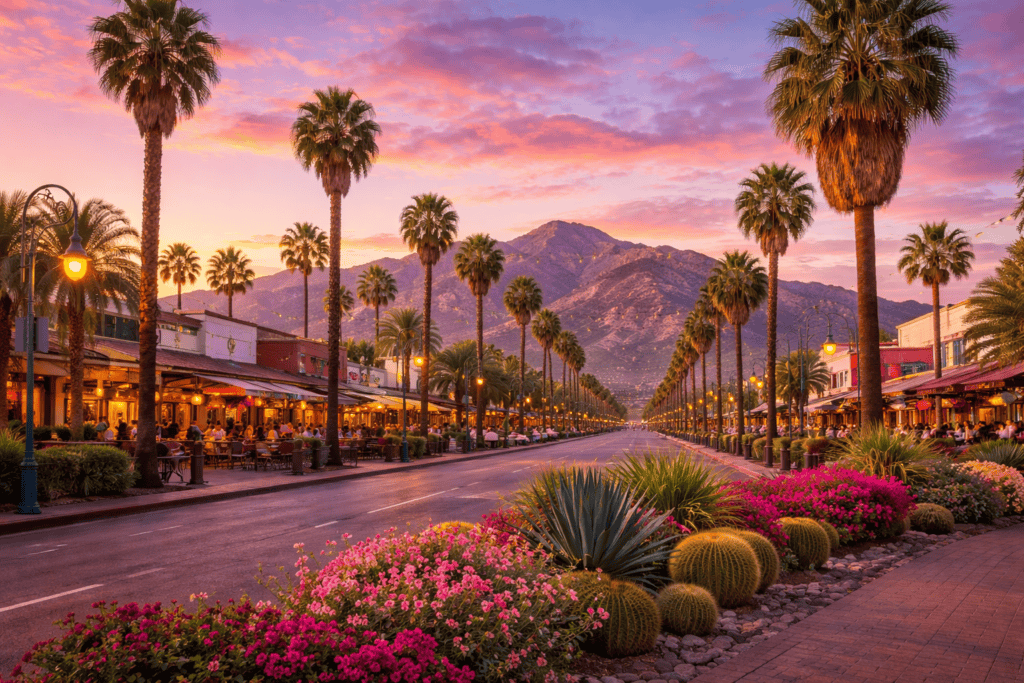 Palm Springs desert with palm trees and mountain backdrop
