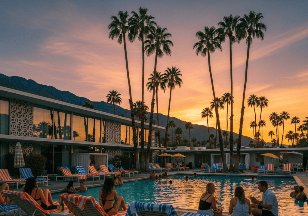 Palm Springs poolside resort with palm trees and mountain sunset