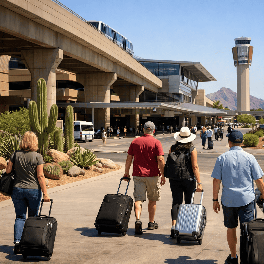 Phoenix Sky Harbor International Airport terminal exterior with travelers and luggage at PHX