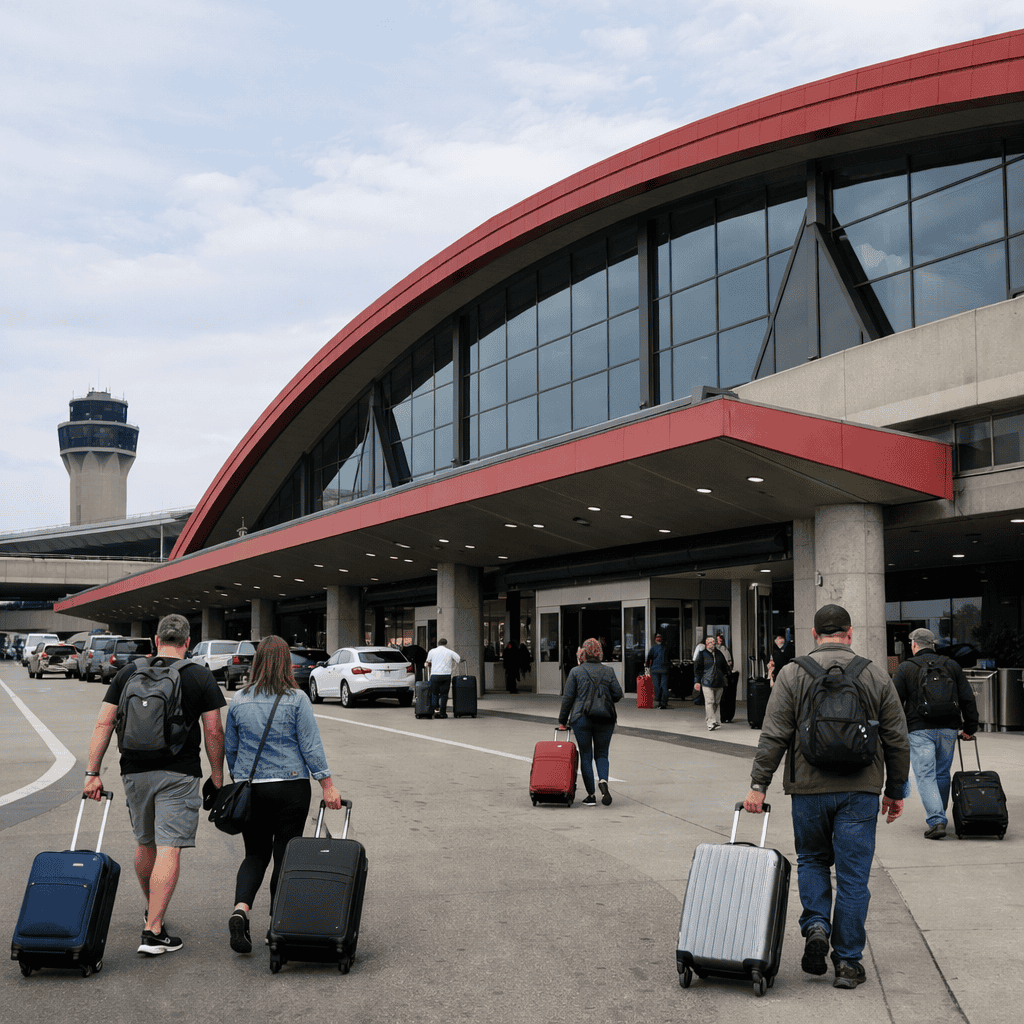 Pittsburgh International Airport terminal exterior with travelers and luggage at PIT