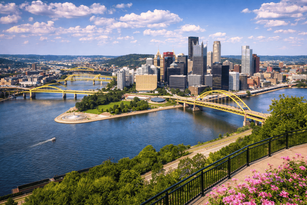 Pittsburgh rivers and hills viewed from scenic overlook