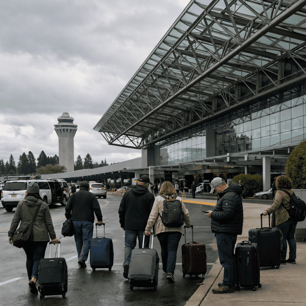 Portland International Airport terminal exterior with travelers and luggage at PDX