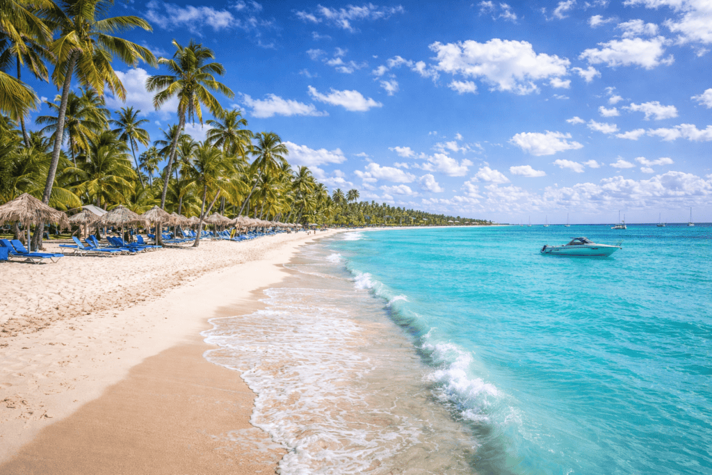 Punta Cana tropical beach with palm trees and clear blue water