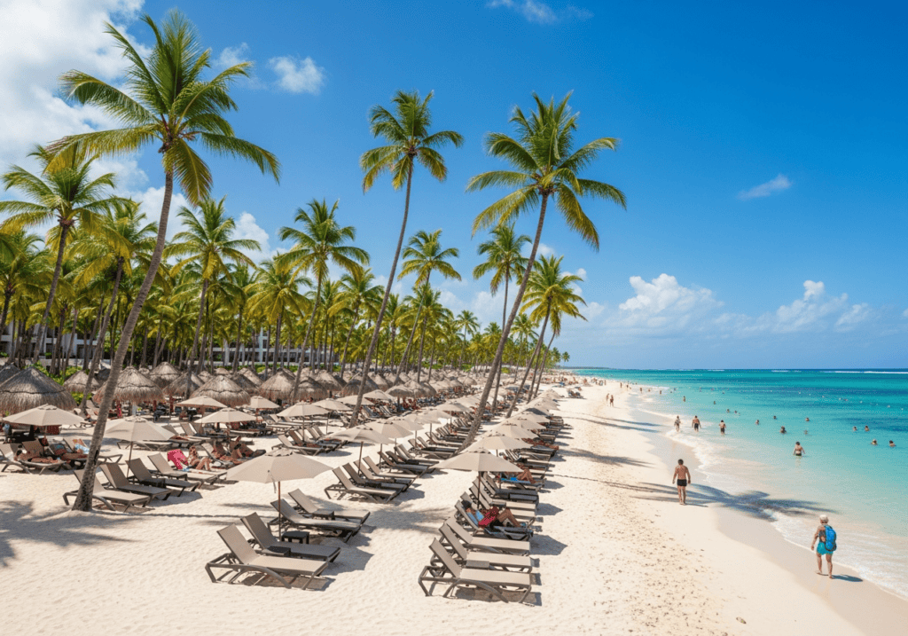 Punta Cana beach resort with palm trees white sand and clear blue water