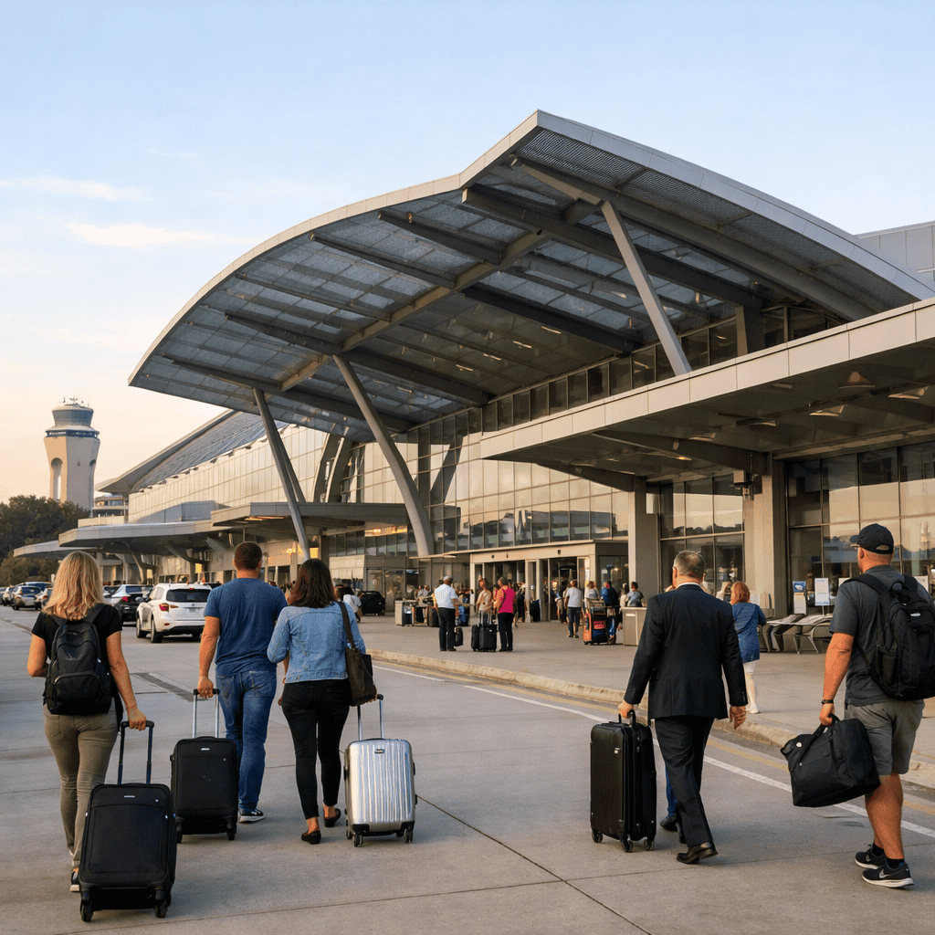 Raleigh Durham International Airport terminal exterior with travelers and luggage at RDU