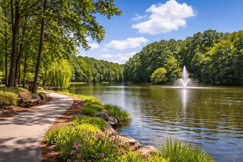 Raleigh North Carolina park with lake and trees in natural setting