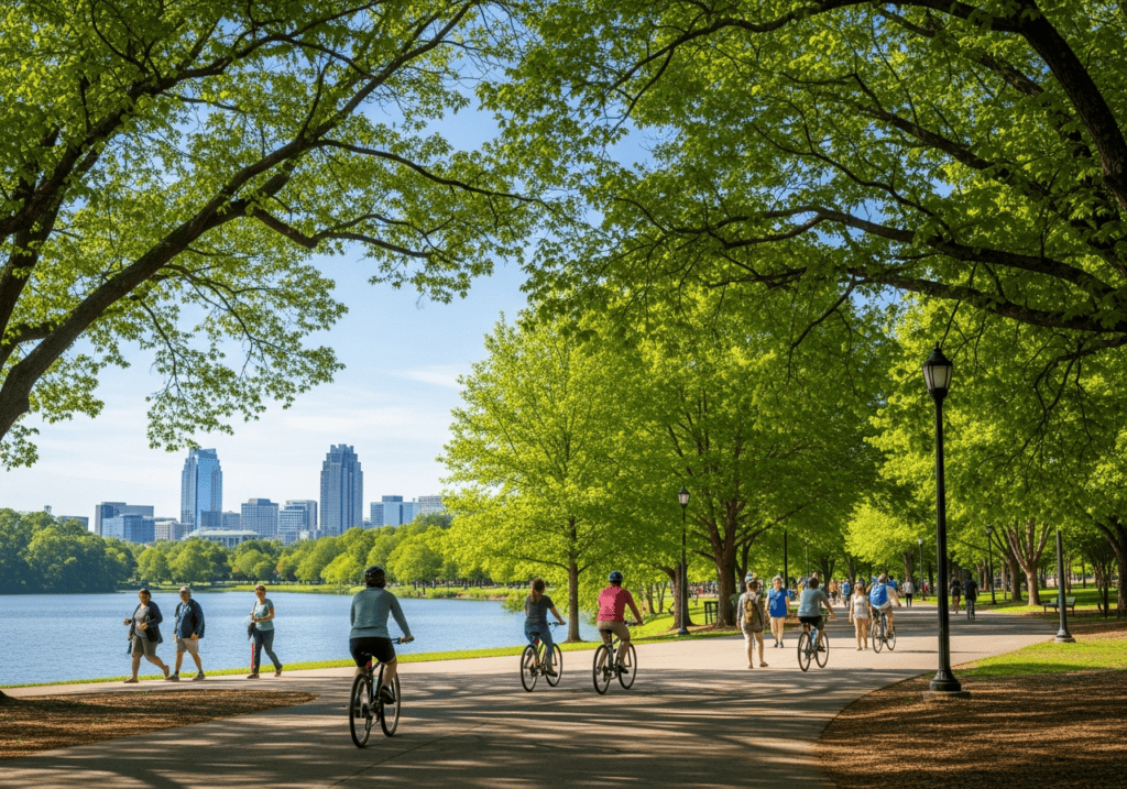 Raleigh park with lake walking trails and people enjoying outdoor space