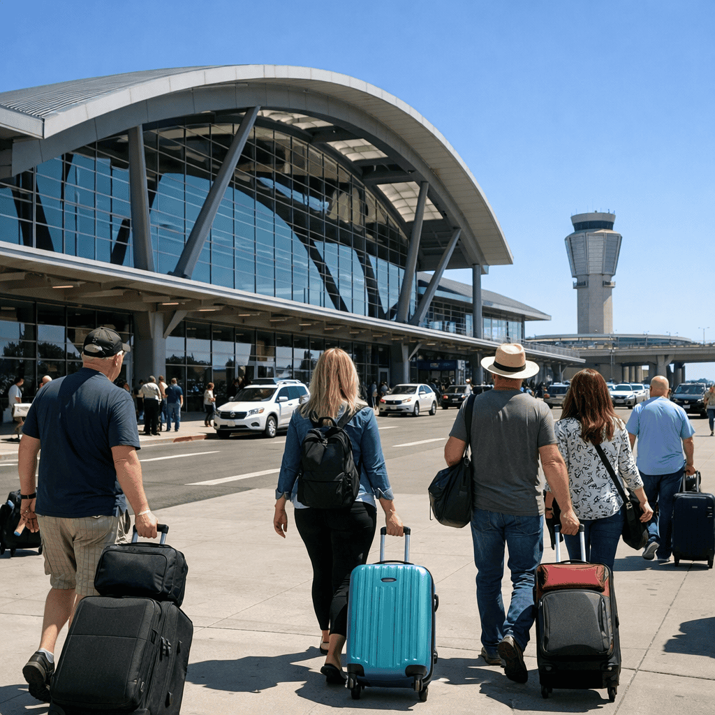 Sacramento International Airport terminal exterior with travelers and luggage at SMF