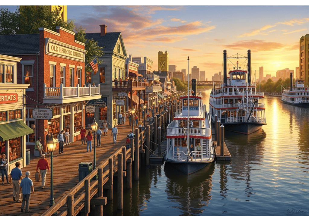 Old Sacramento waterfront with shops riverboats and people walking