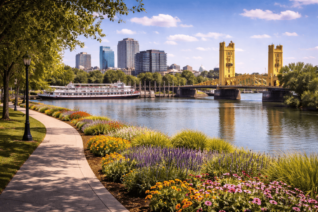 Sacramento river delta with trees and calm water landscape