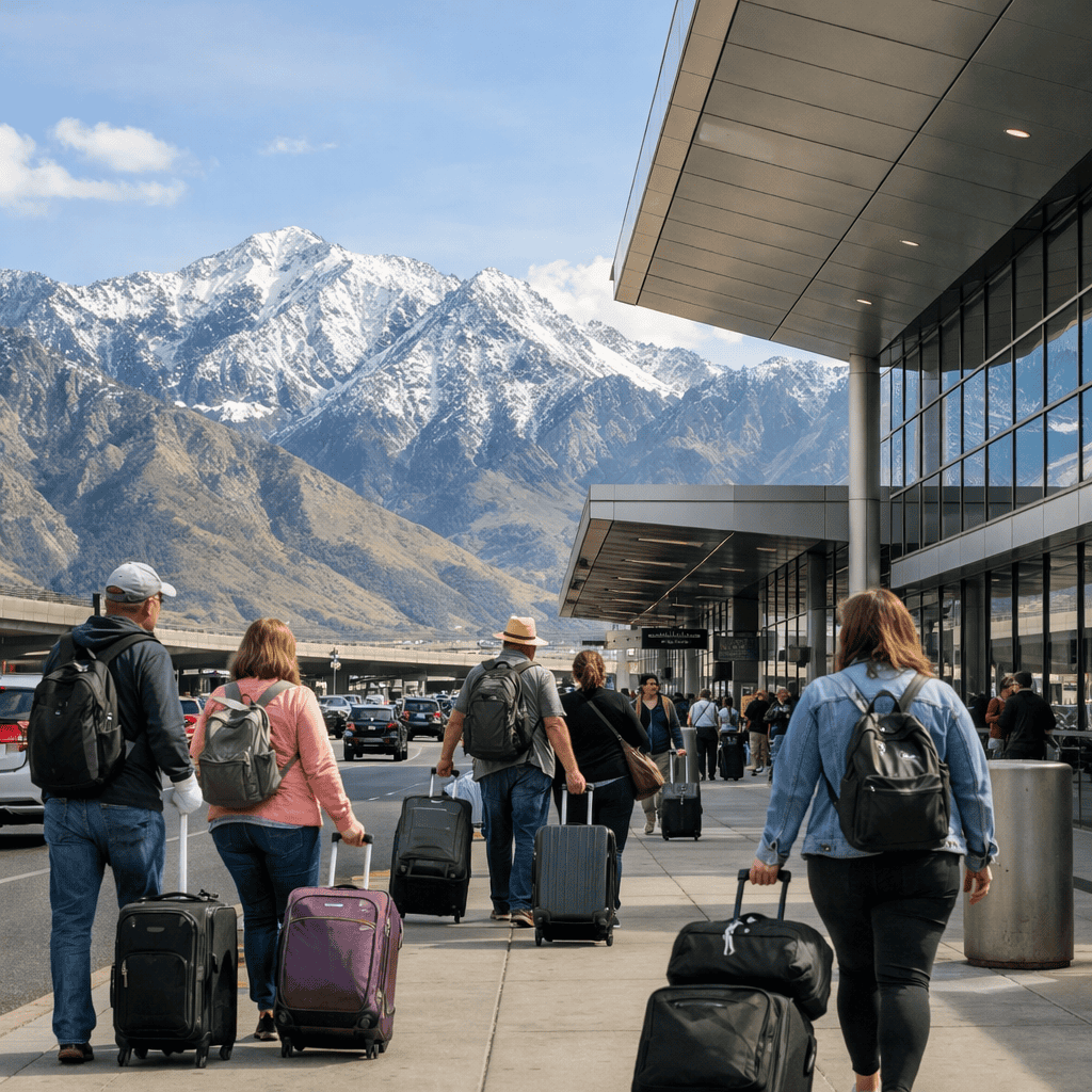 Salt Lake City International Airport terminal exterior with travelers and luggage at SLC