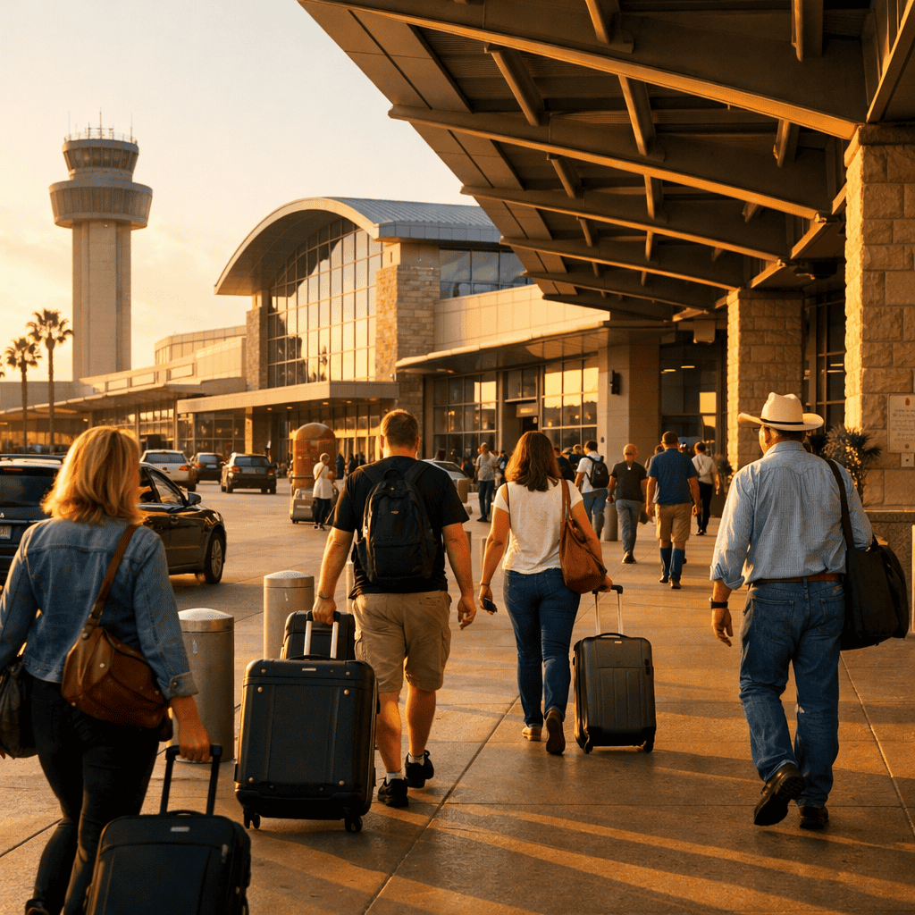 San Antonio International Airport terminal exterior with travelers and luggage at SAT