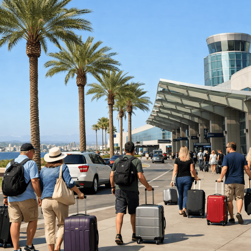 San Diego International Airport terminal exterior with travelers and luggage at SAN