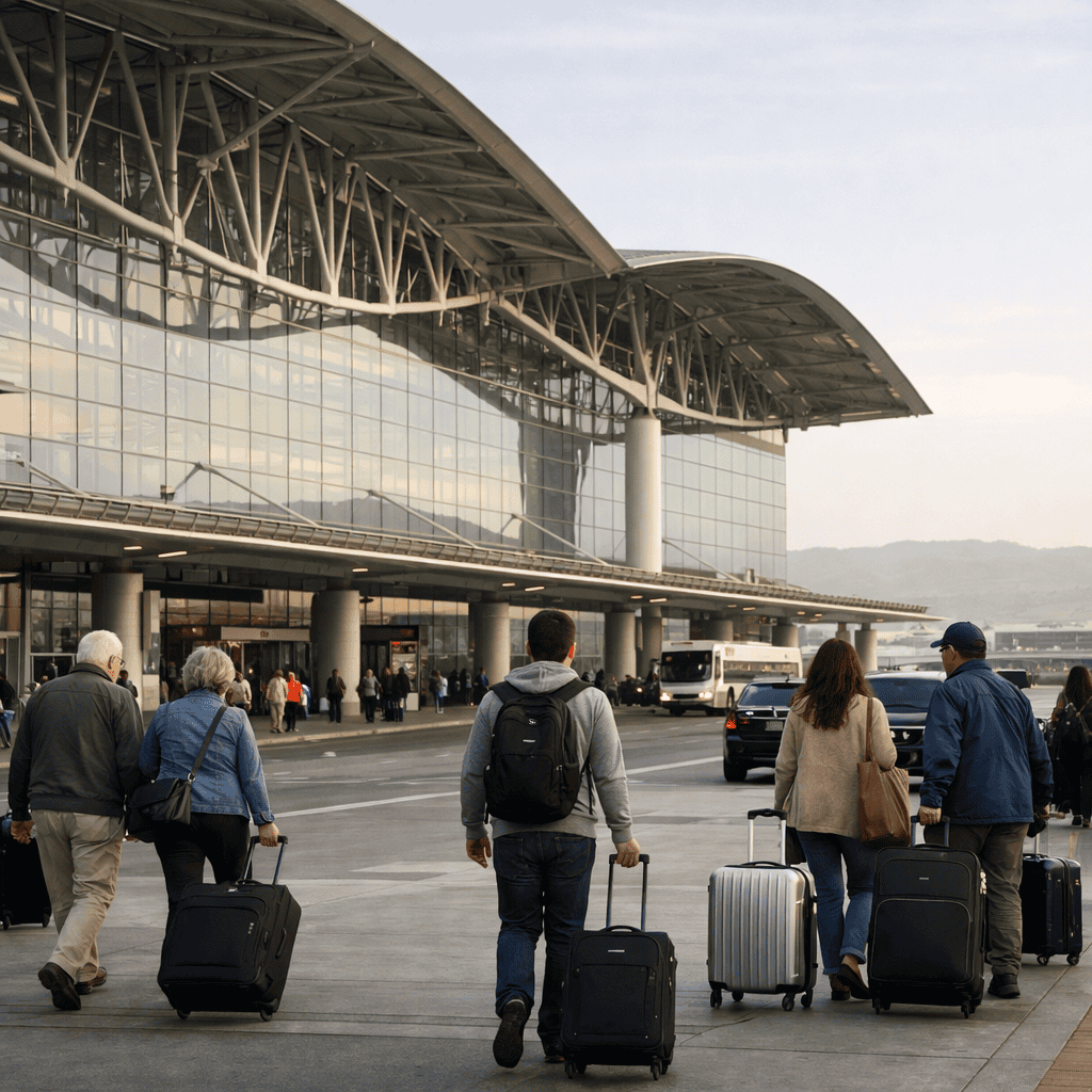 San Francisco International Airport terminal exterior with travelers and luggage at SFO
