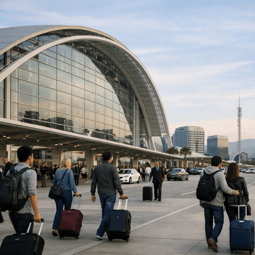 Norman Y Mineta San Jose International Airport terminal exterior with travelers and luggage at SJC