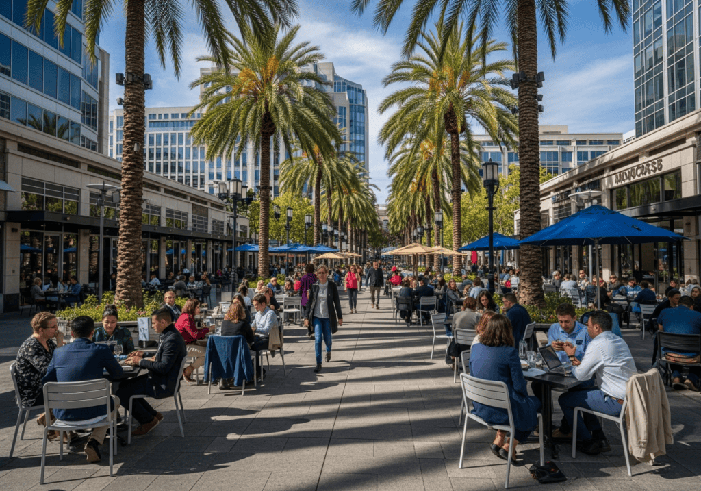 San Jose downtown outdoor dining area with people enjoying sunny weather Sacramento