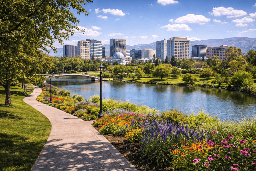 San Jose California park with lake and mountain backdrop