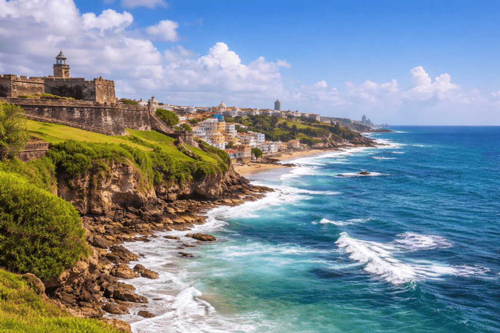 San Juan Puerto Rico coastline with ocean waves and historic fort