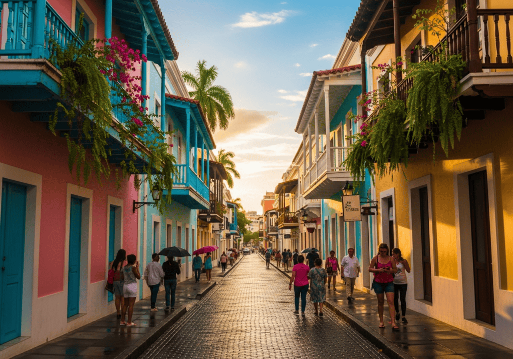 Old San Juan colorful streets with historic buildings and cobblestone roads