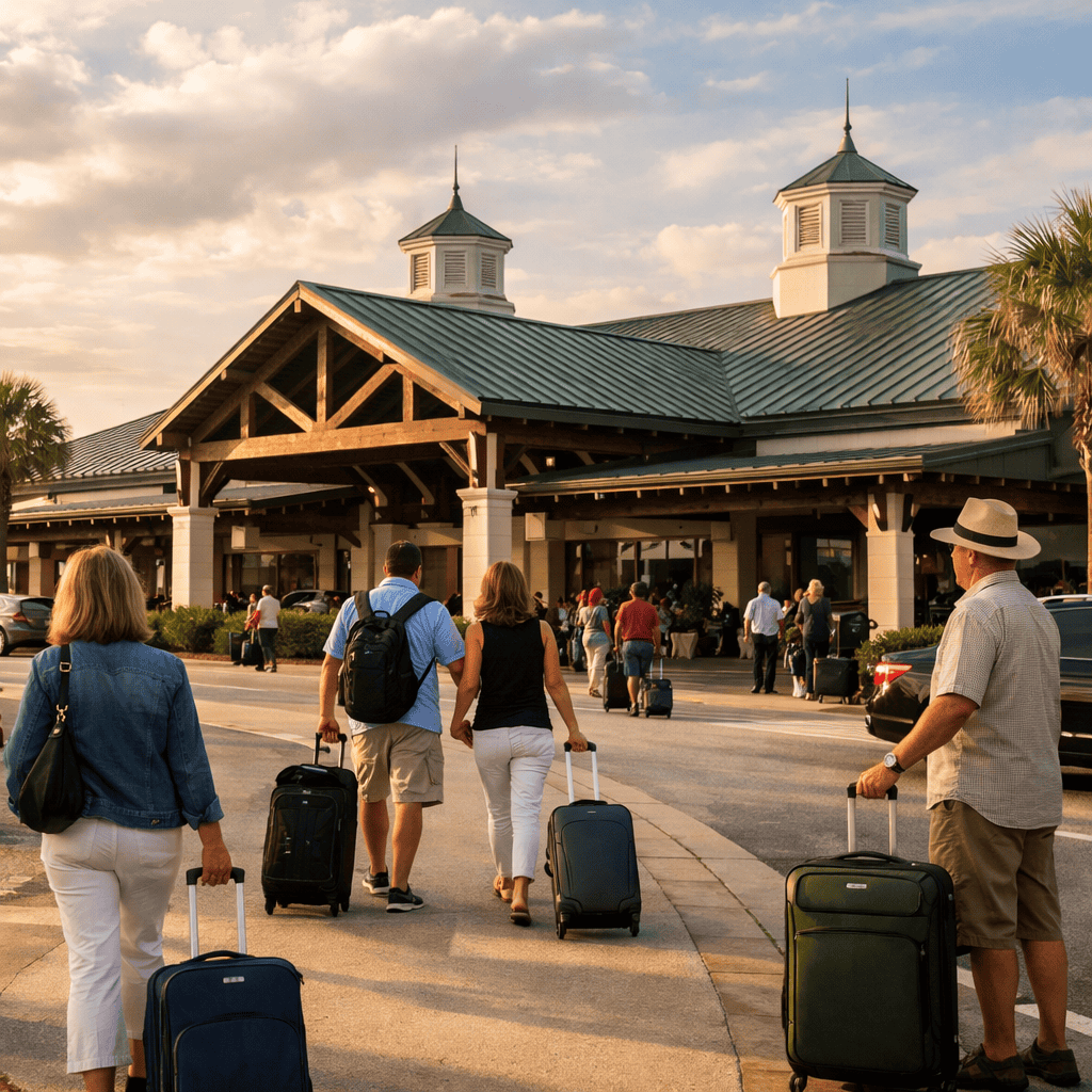 Savannah Hilton Head International Airport terminal exterior with travelers and luggage at SAV