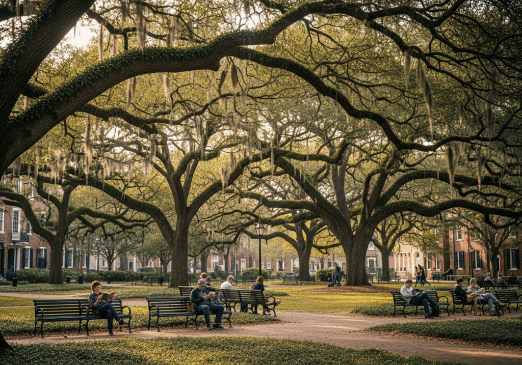 Savannah park with oak trees covered in Spanish moss and people relaxing