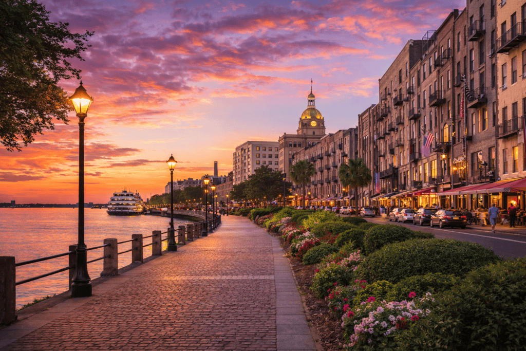 Savannah riverfront with historic buildings and sunset skyline