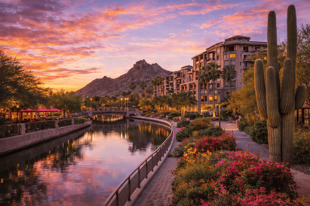 Scottsdale Arizona desert resort with cactus and mountain sunset