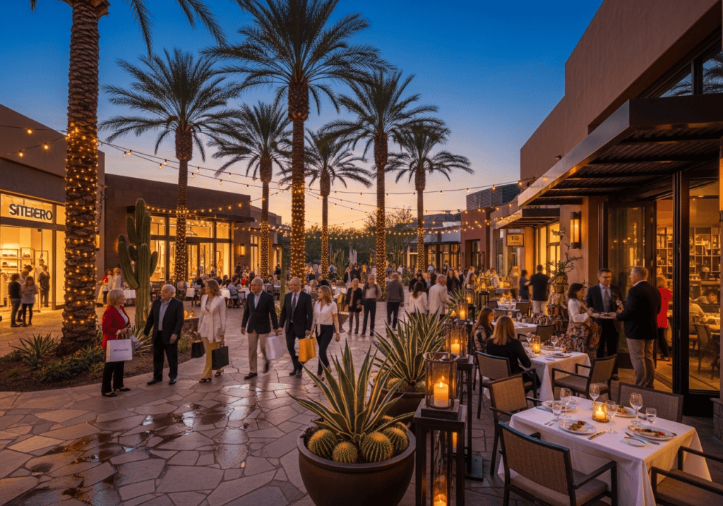 Scottsdale outdoor dining area with desert plants and evening atmosphere