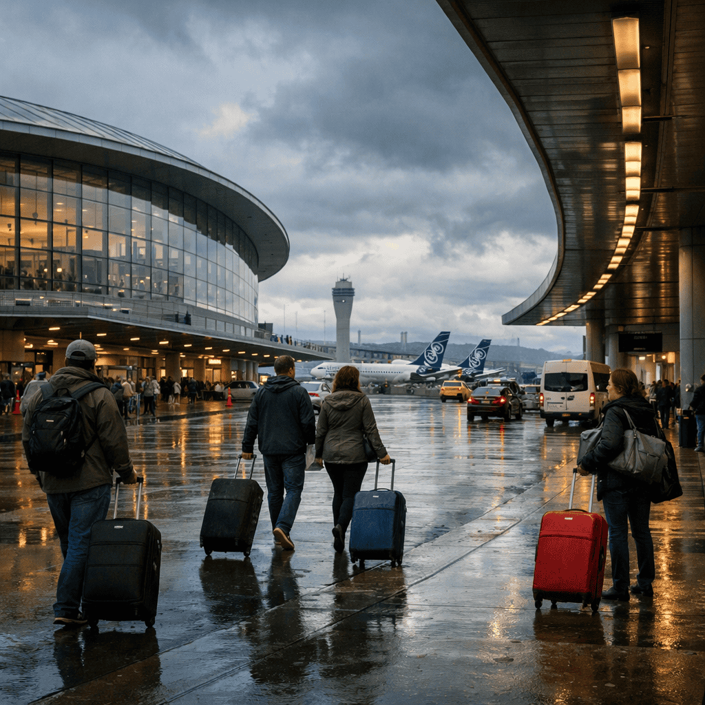 Seattle Tacoma International Airport terminal exterior with travelers and luggage at SEA
