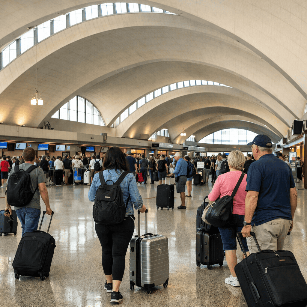 St Louis Lambert International Airport terminal exterior with travelers and luggage at STL