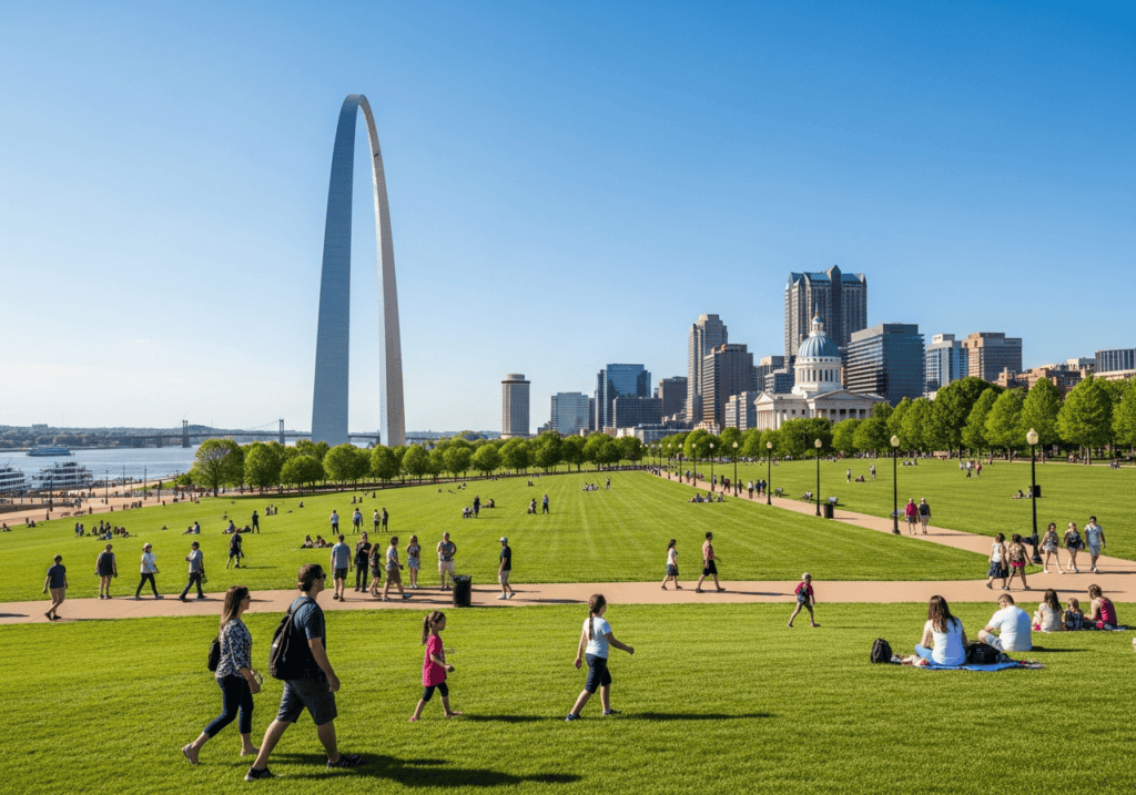 St Louis Gateway Arch park with visitors walking and enjoying green space