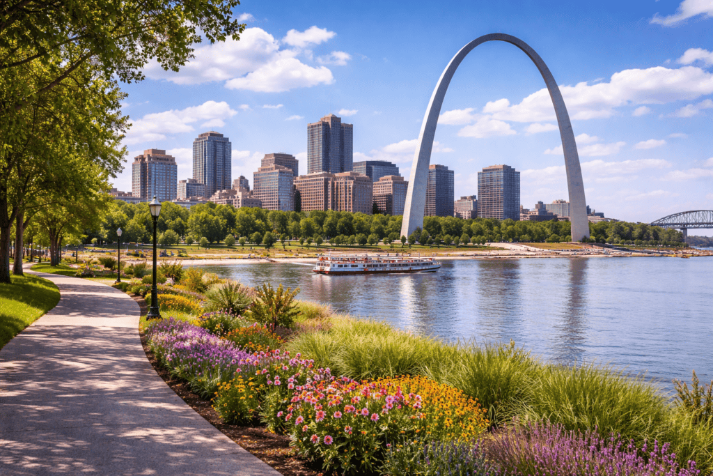 St Louis Missouri Gateway Arch and riverfront park along Mississippi River