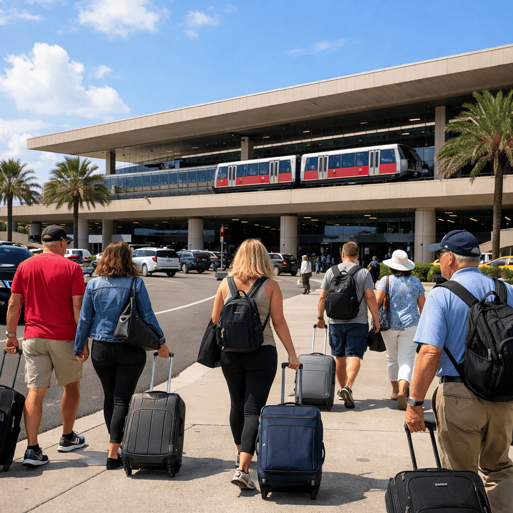 Tampa International Airport terminal exterior with travelers and luggage at TPA
