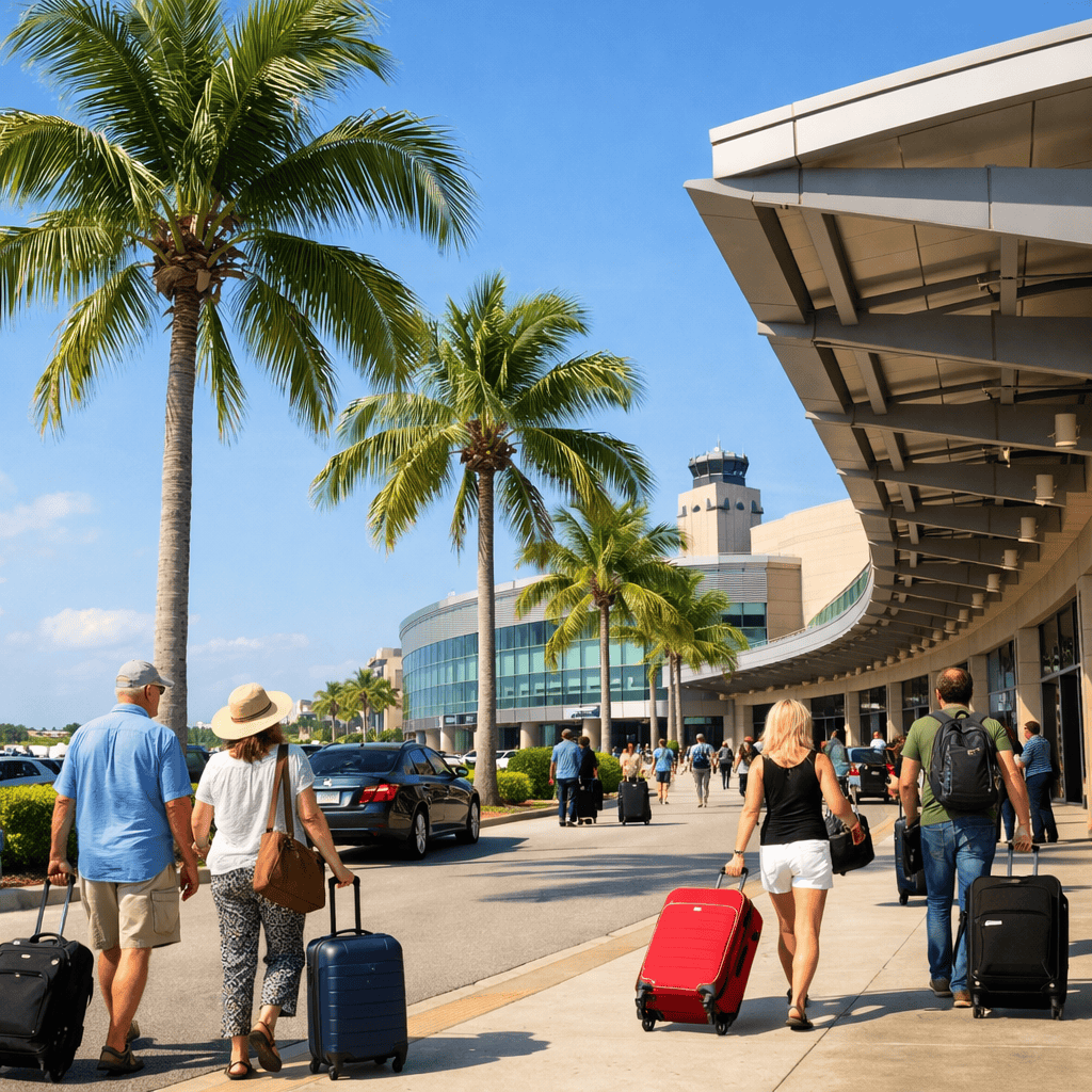 Palm Beach International Airport terminal exterior with travelers and luggage at PBI